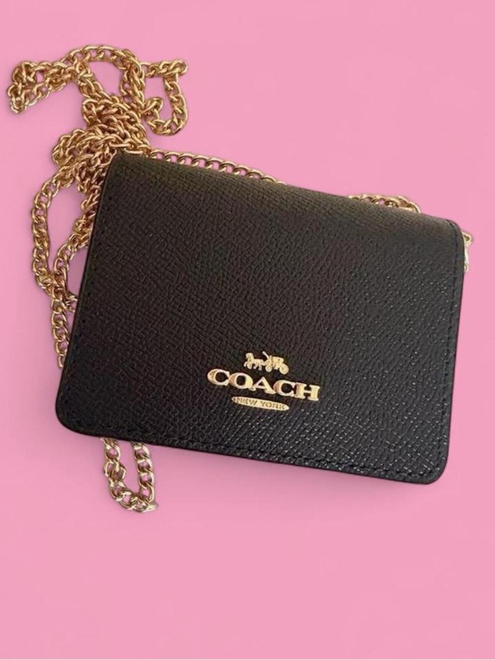 Coach Black Leather Mini Wallet Crossbody with Gold Chain Classic Authentic